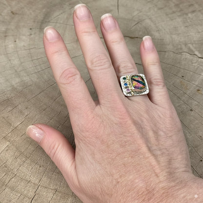 Artistic fused dichroic glass ring in a handcrafted setting of sterling silver accented with 14K gold (R943)