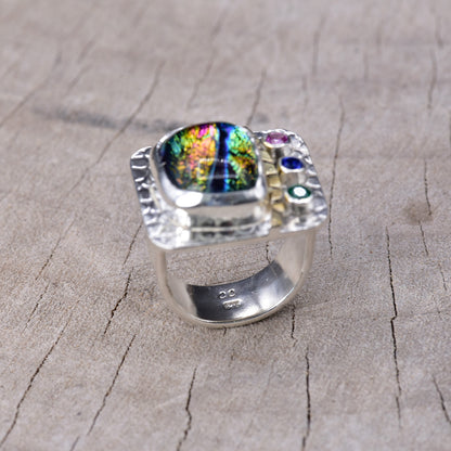 Artistic fused dichroic glass ring in a handcrafted setting of sterling silver accented with 14K gold (R943)
