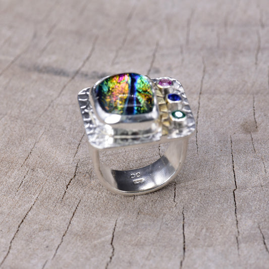 Artistic fused dichroic glass ring in a handcrafted setting of sterling silver accented with 14K gold (R943)