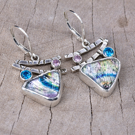 Artistic fused dichroic glass earrings in hand crafted settings of sterling silver (E944)