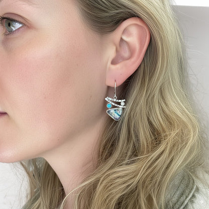 Artistic fused dichroic glass earrings in hand crafted settings of sterling silver (E944)