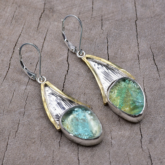 Fused dichroic glass earrings in handmade settings of sterling silver accented with gold E945)