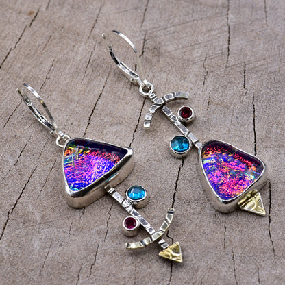 Fused dichroic glass earrings in handmade settings of sterling silver accented with gold (E946)