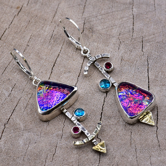 Fused dichroic glass earrings in handmade settings of sterling silver accented with gold (E946)