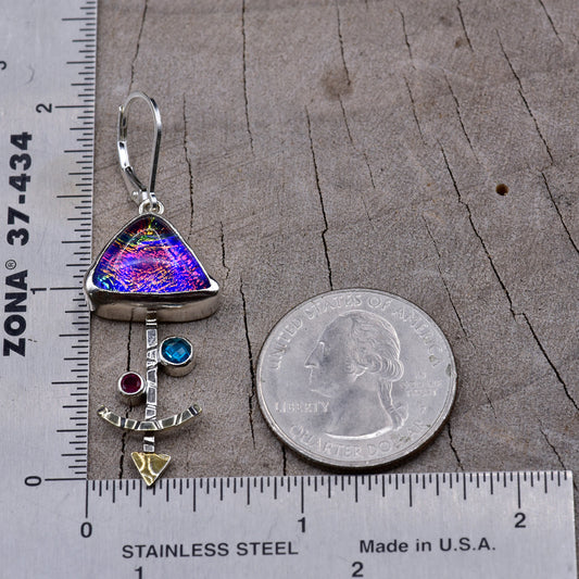 Artisan Magenta & Violet Dichroic Glass Dangle Earrings | Hand-Stamped Sterling Silver | Ruby Red & Blue Topaz Cubic Zirconia Accents