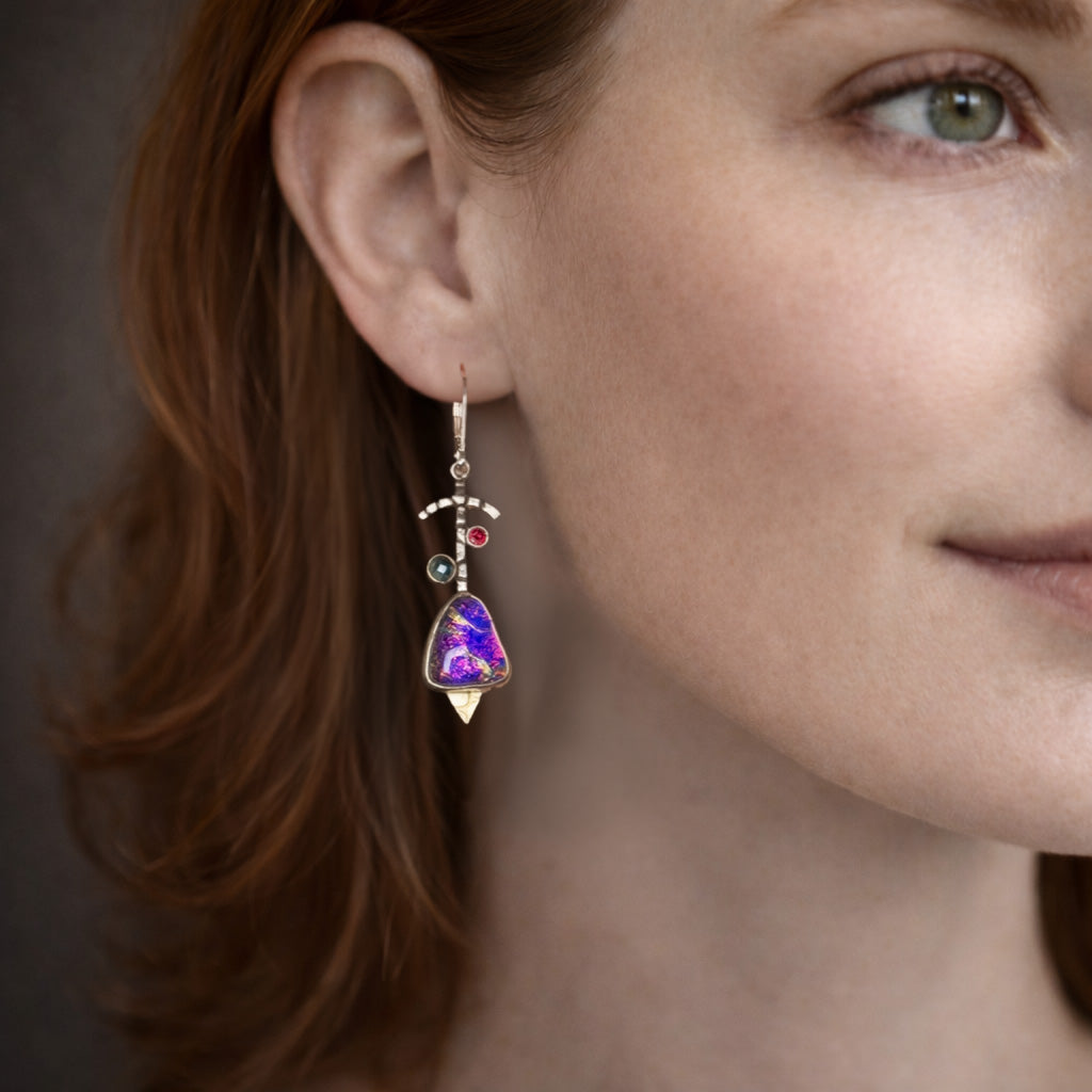 Artisan Magenta & Violet Dichroic Glass Dangle Earrings | Hand-Stamped Sterling Silver | Ruby Red & Blue Topaz Cubic Zirconia Accents