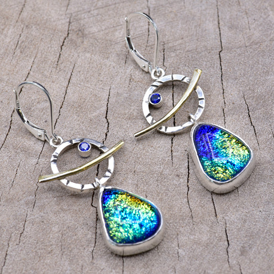 Fused dichroic glass earrings in hand crafted settings of sterling silver accented with gold (E947)