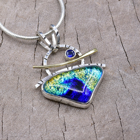 Fused dichroic glass necklace in a hand crafted setting of sterling silver accented with gold (N948)