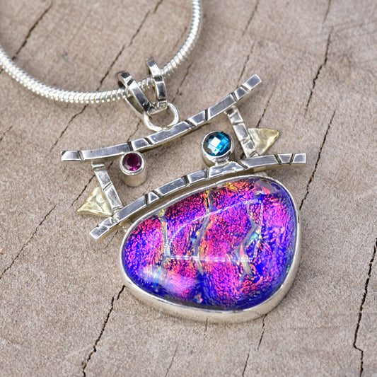 Fused dichroic glass necklace in a hand crafted setting of sterling silver accented with gold (N949)