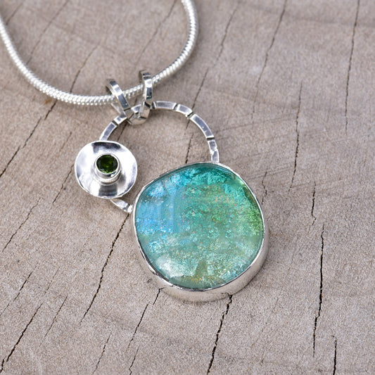 Fused dichroic glass necklace in a hand crafted setting of sterling silver (N950)