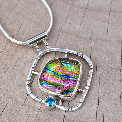 Fused dichroic glass necklace in a hand crafted setting of sterling silver (N951)