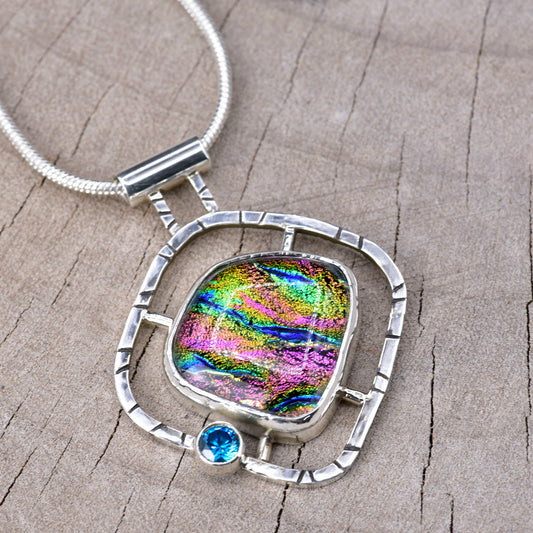 Fused dichroic glass necklace in a hand crafted setting of sterling silver (N951)