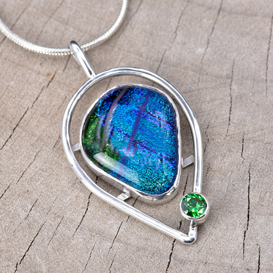 Artistic fused dichroic glass necklace in a hand crafted setting of sterling silver (N952)