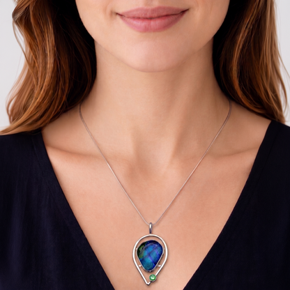 Artisan Teal & Blue Dichroic Glass Pendant Necklace | Arched Frame | Emerald Green Cubic Zirconia Accent | Sterling Silver