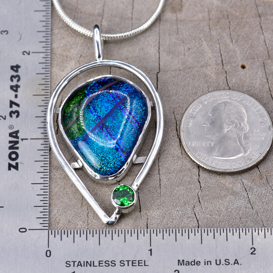 Artisan Teal & Blue Dichroic Glass Pendant Necklace | Arched Frame | Emerald Green Cubic Zirconia Accent | Sterling Silver