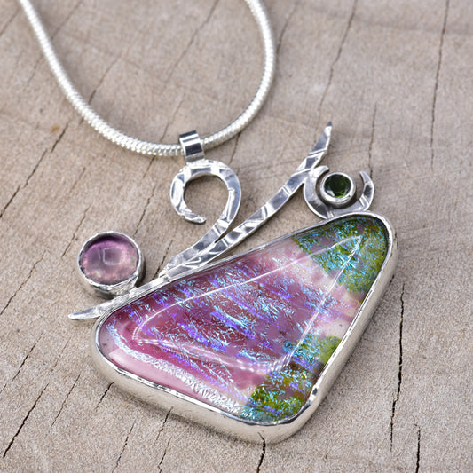 Artisitic fused dichroic glass necklace in a hand crafted setting of sterling silver (N953)