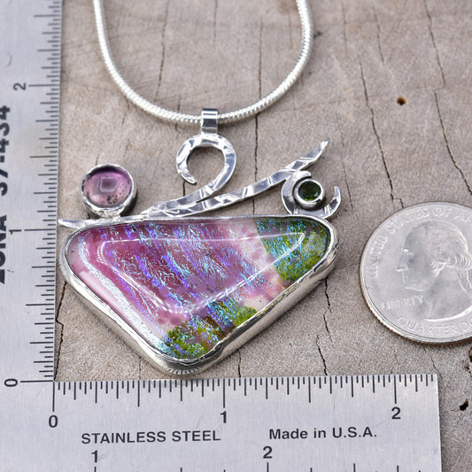 Artisitic fused dichroic glass necklace in a hand crafted setting of sterling silver (N953)