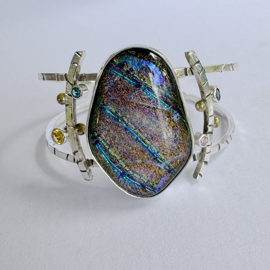Artistic fused dichroic glass bracelet in a hand crafted setting of sterling silver accented with gold (B954)