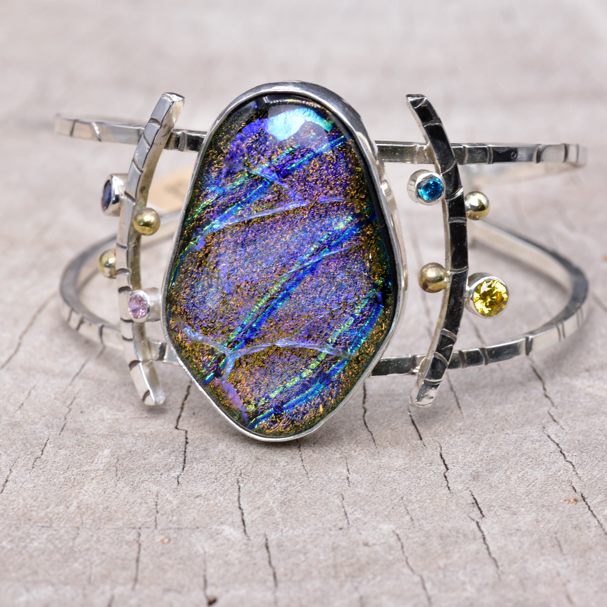 One of a kind fused dichroic glass bracelet in Argentium sterling silver