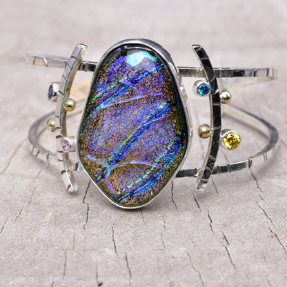 One of a kind fused dichroic glass bracelet in Argentium sterling silver