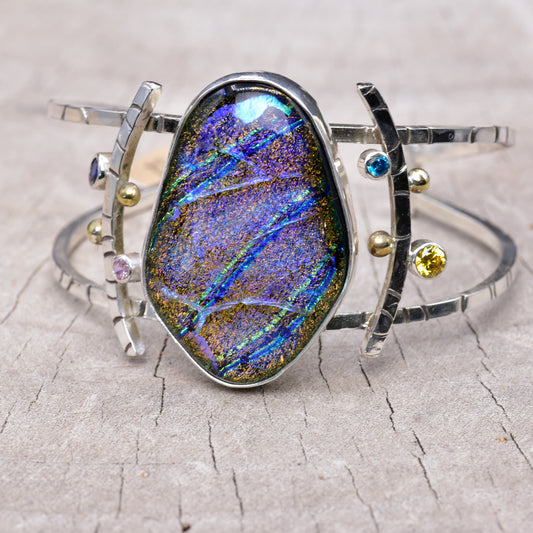Artistic fused dichroic glass bracelet in a hand crafted setting of sterling silver accented with gold (B954)