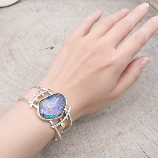 Artisan Dichroic Glass Statement Cuff Bracelet | Purple, Blue & Gold | Pink, Yellow & Blue Cubic Zirconia Accents | Sterling Silver