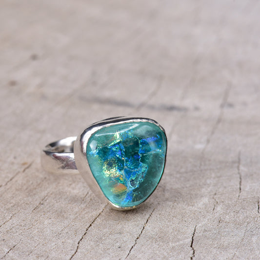 Fused dichroic glass ring in a handcrafted setting of sterling silver (R957)