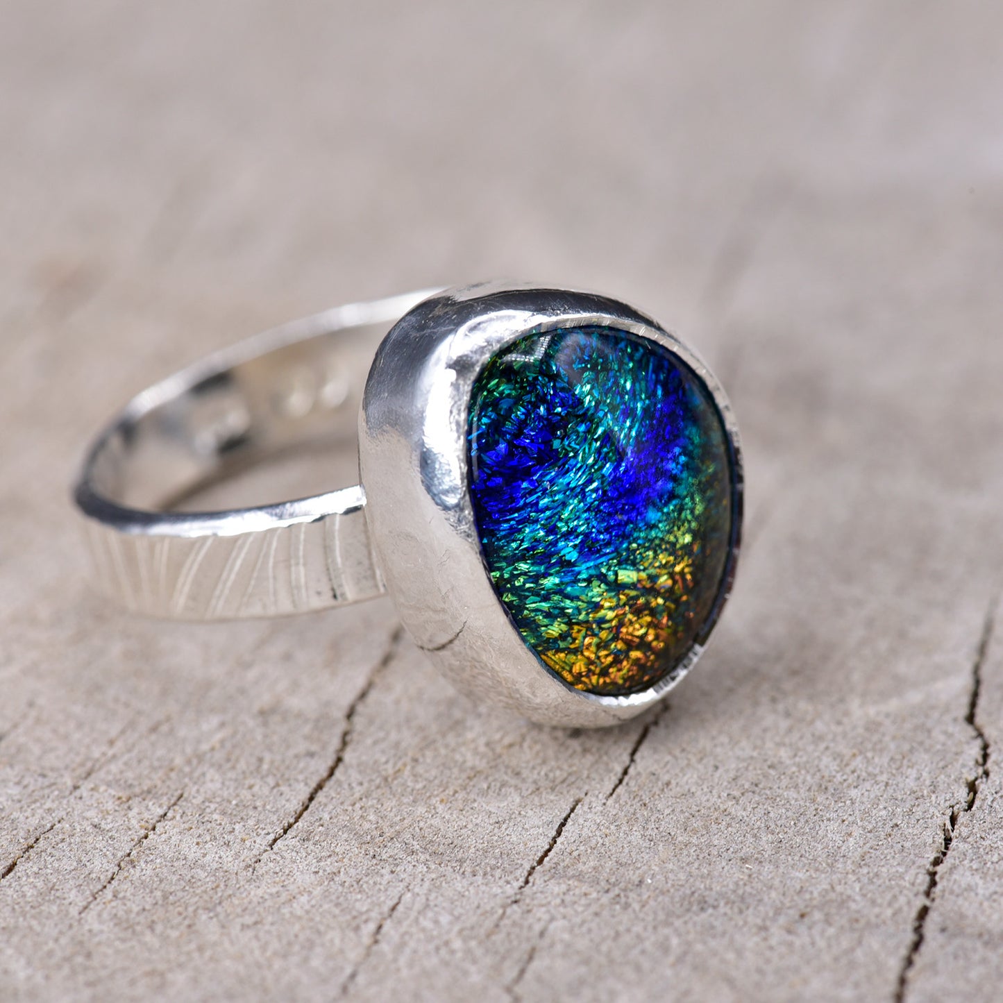 Fused dichroic glass ring in a handcrafted setting of sterling silver (R958)