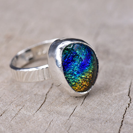 Fused dichroic glass ring in a handcrafted setting of sterling silver (R958)