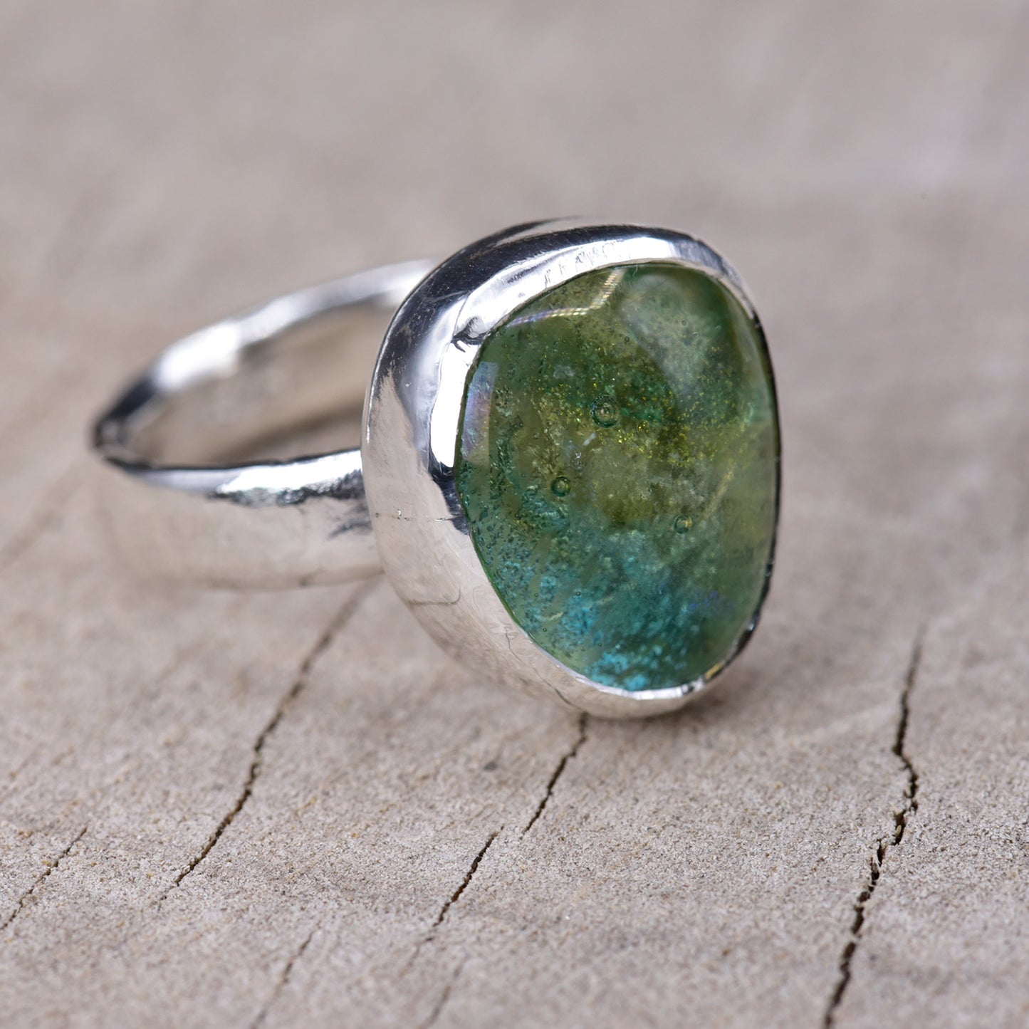 Artisan Moss Green & Teal Mesh Melt Glass Cocktail Ring | Sterling Silver | Size 7
