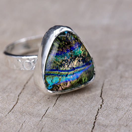 Fused dichroic glass ring in a handcrafted setting of sterling silver (R960)