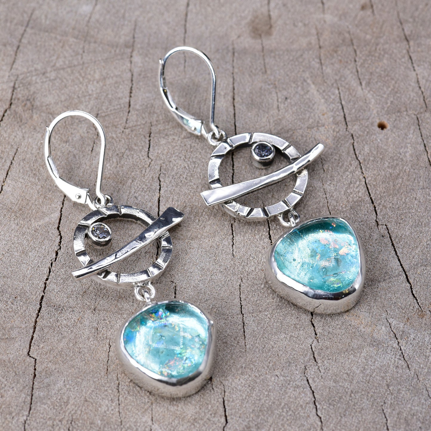 Fused dichroic glass earrings in hand crafted settings of sterling silver (E962)