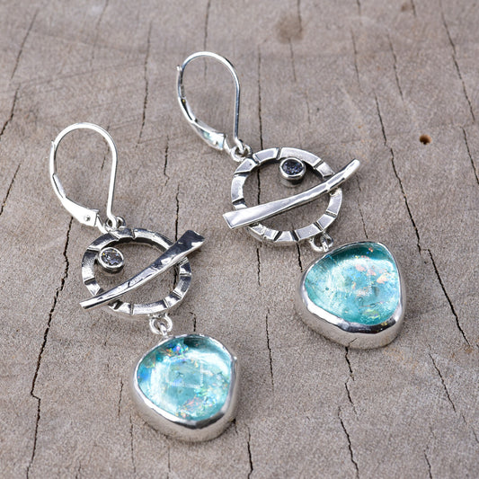 Fused dichroic glass earrings in hand crafted settings of sterling silver (E962)