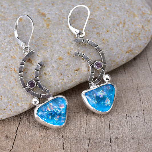 Artisan Turquoise Dichroic Fused Glass & CZ Drop Earrings | Crescent | Sterling Silver