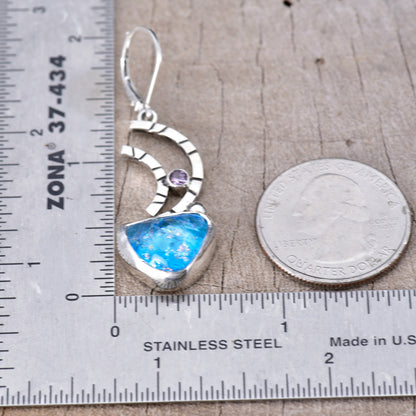 Artisan Turquoise Dichroic Fused Glass & CZ Drop Earrings | Crescent | Sterling Silver
