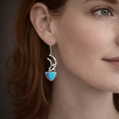 Artisan Turquoise Dichroic Fused Glass & CZ Drop Earrings | Crescent | Sterling Silver