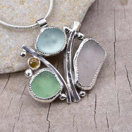 Artisan Triple Sea Glass & Topaz Statement Pendant | Aqua, Green & Lavender | Sterling Silver