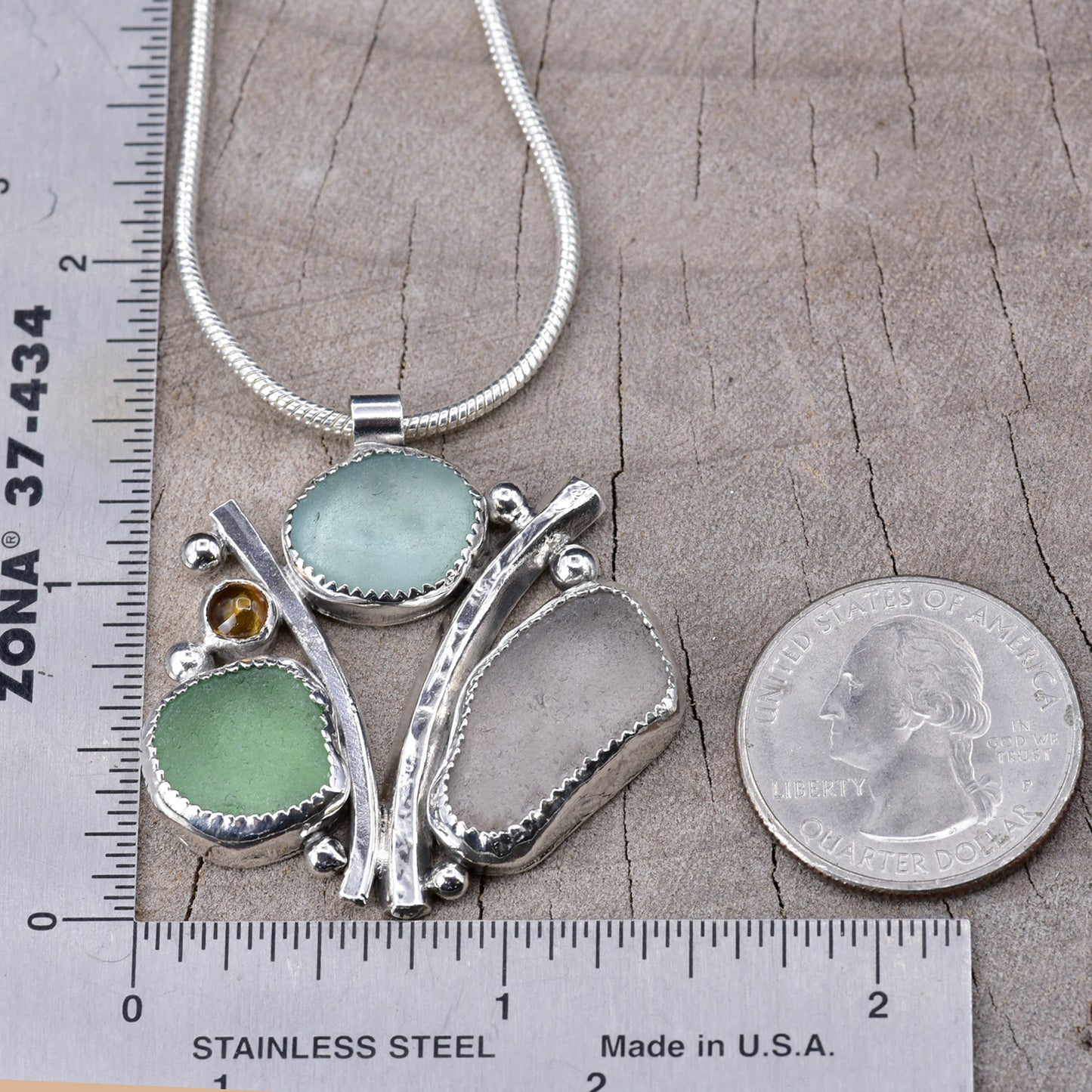 Artisan Triple Sea Glass & Topaz Statement Pendant | Aqua, Green & Lavender | Sterling Silver