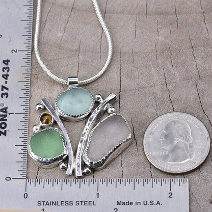 Artisan Triple Sea Glass & Topaz Statement Pendant | Aqua, Green & Lavender | Sterling Silver