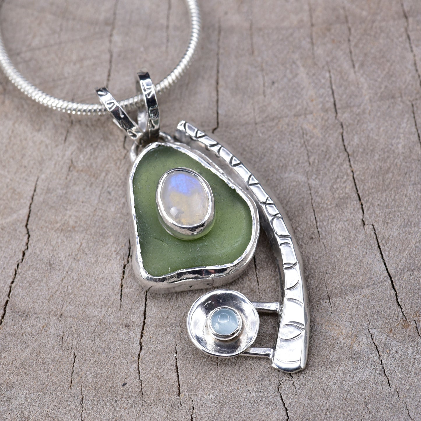 Artisan Sea Glass, Moonstone & Aquamarine Statement Pendant | Sterling Silver
