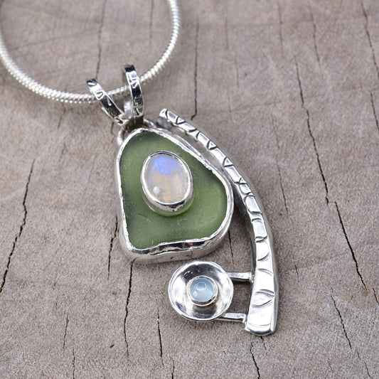Artisan Sea Glass, Moonstone & Aquamarine Statement Pendant | Sterling Silver