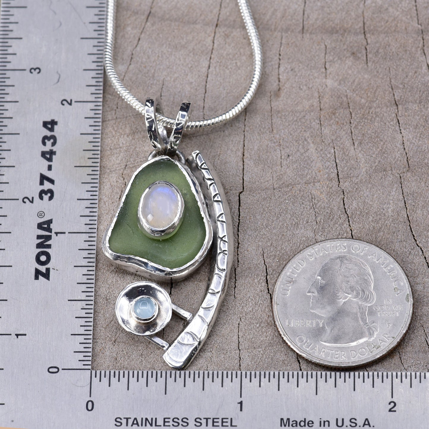 Artisan Sea Glass, Moonstone & Aquamarine Statement Pendant | Sterling Silver