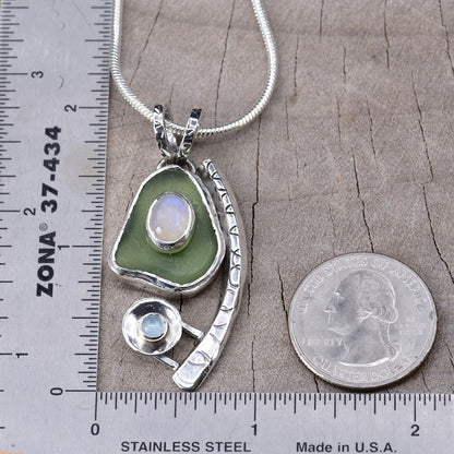 Artisan Sea Glass, Moonstone & Aquamarine Statement Pendant | Sterling Silver
