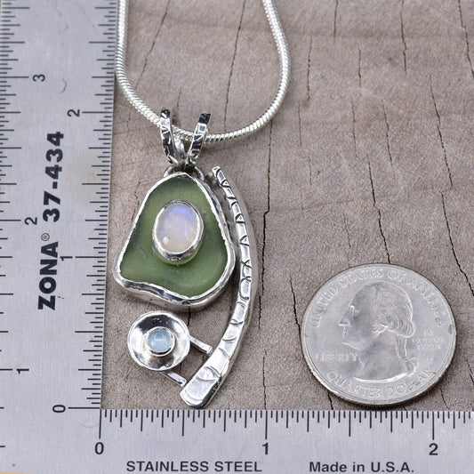 Artisan Sea Glass, Moonstone & Aquamarine Statement Pendant | Sterling Silver