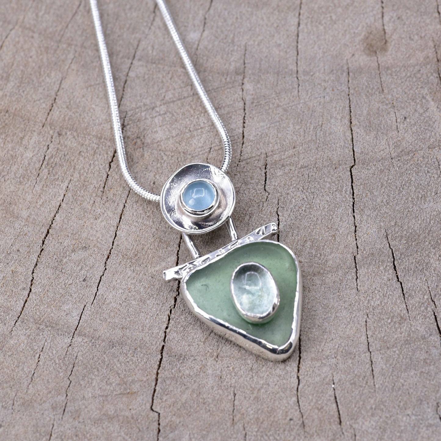 Artisan Sea Glass & Dual Aquamarine Pendant Necklace | Sterling Silver