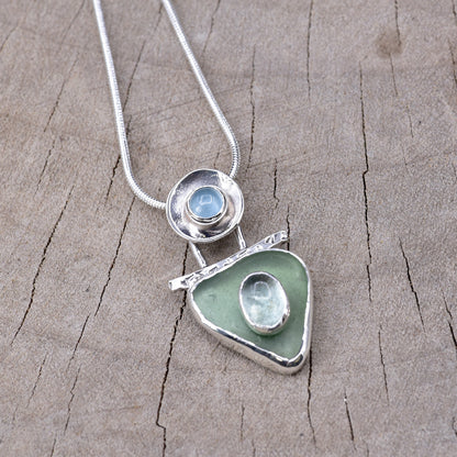 Artisan Sea Glass & Dual Aquamarine Pendant Necklace | Sterling Silver