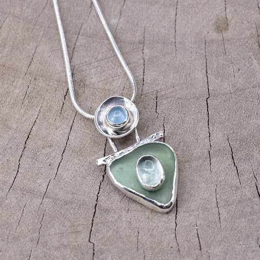 Artisan Sea Glass & Dual Aquamarine Pendant Necklace | Sterling Silver
