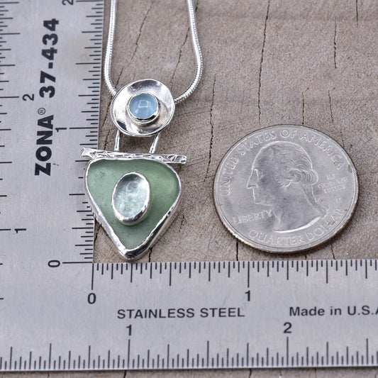 Artisan Sea Glass & Dual Aquamarine Pendant Necklace | Sterling Silver