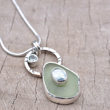Artisan Sea Glass & Aquamarine Pendant Necklace | Hand-Stamped Sterling Silver