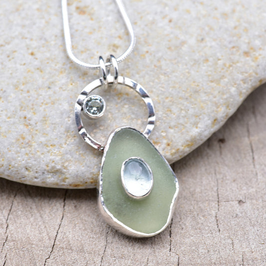 Artisan Sea Glass & Aquamarine Pendant Necklace | Hand-Stamped Sterling Silver